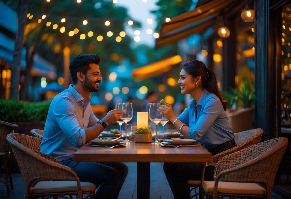 A couple enjoying a romantic dinner at an outdoor cafe in Bandra, Mumbai during the evening.