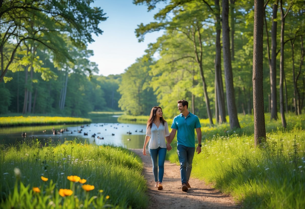 A couple walking hand in hand on a forest trail near a pond surrounded by trees and wildflowers at McKee-Beshers Wildlife Management Area.