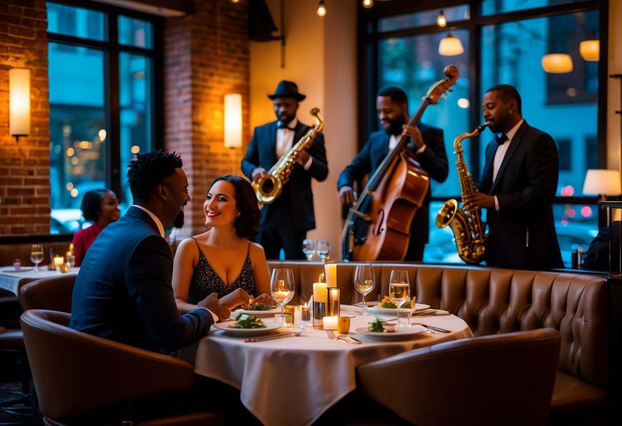A couple enjoying a romantic dinner at a restaurant with live jazz musicians playing in the background.