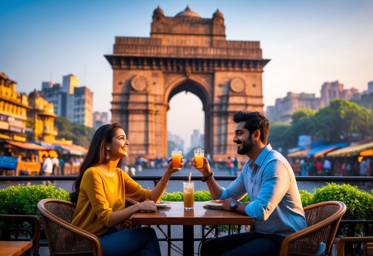 A young couple sitting at an outdoor café near the Gateway of India, smiling and talking during sunset in Mumbai.