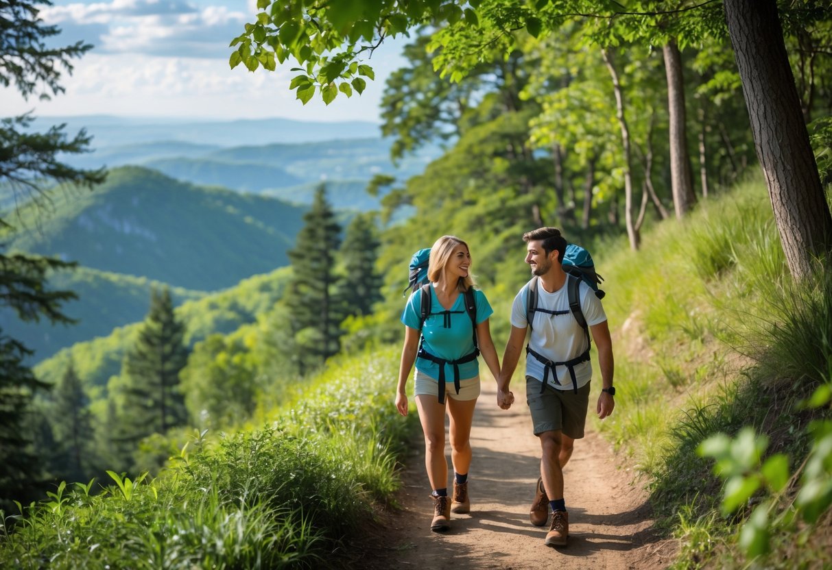 A young couple hiking on a forest trail toward a scenic viewpoint overlooking hills and a blue sky.