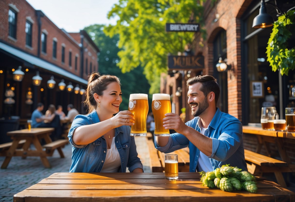 A couple toasting with craft beers at an outdoor brewery in Frederick County, Maryland.
