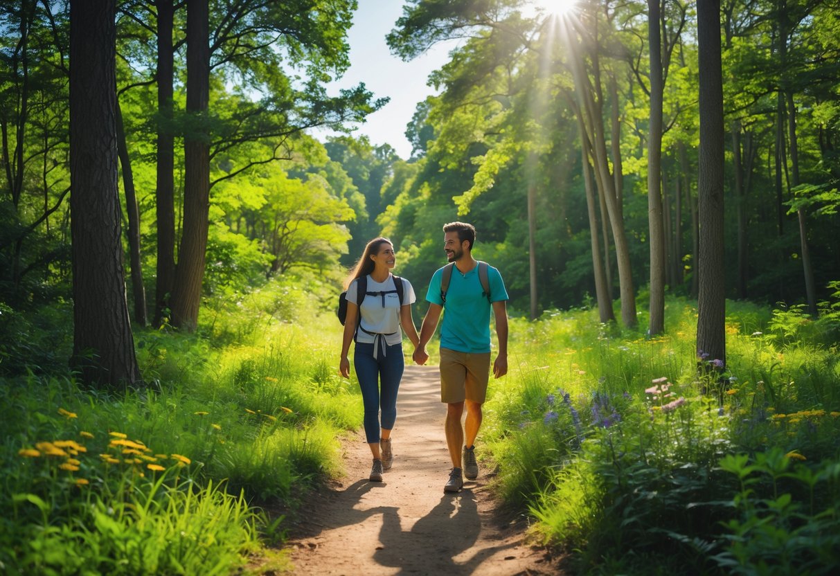 A young couple walking hand in hand on a forest trail surrounded by green trees and wildflowers.
