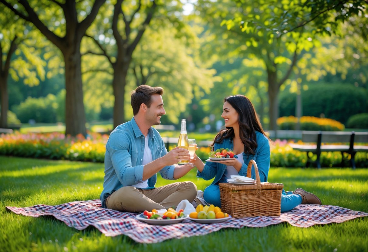 A young couple enjoying a picnic on a blanket in a green park with trees and flowers around them.