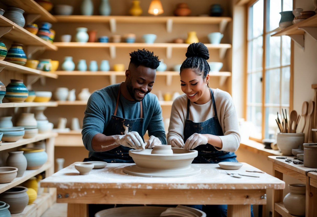 A couple shaping clay together on pottery wheels inside a bright pottery studio.