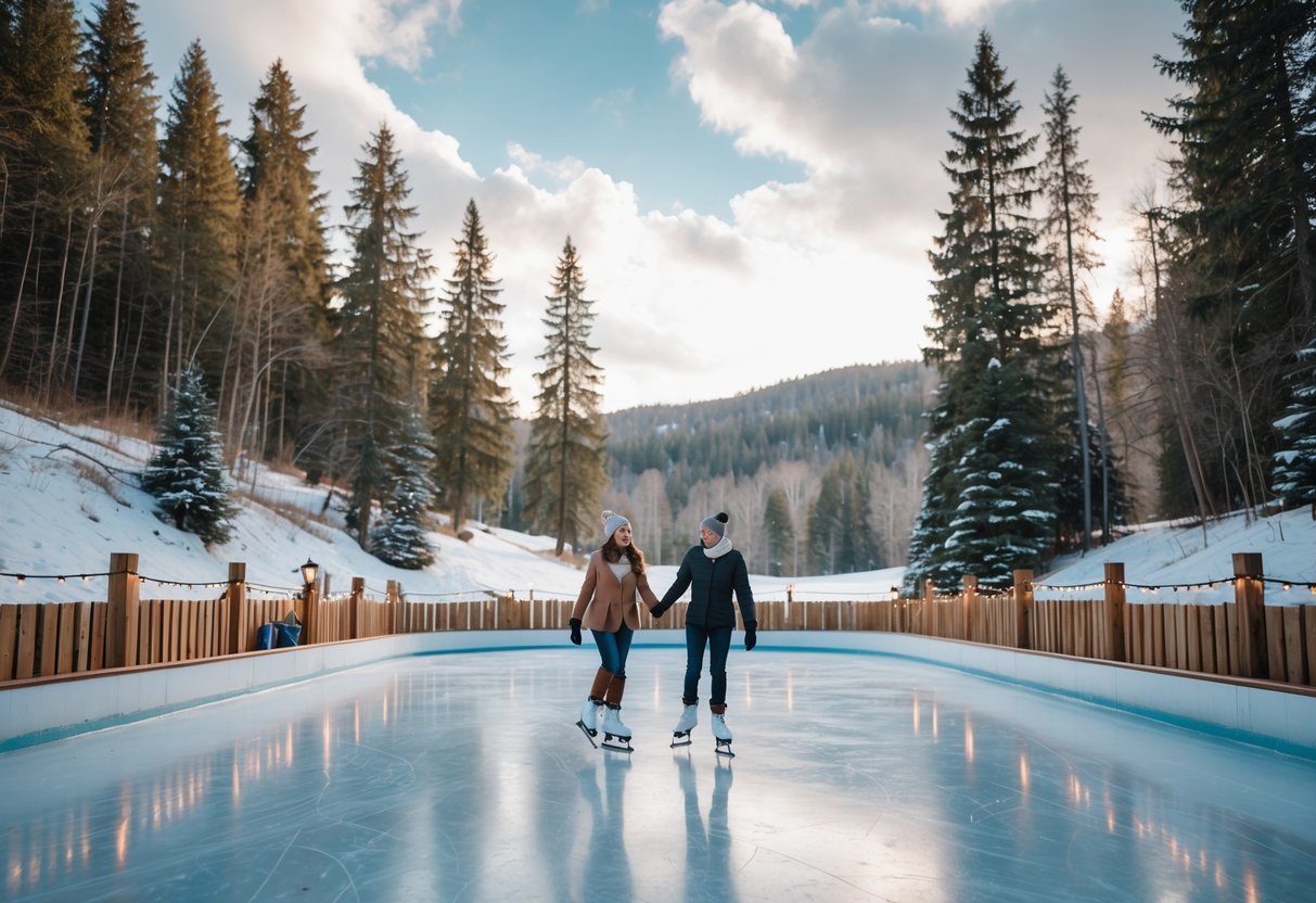 A couple ice skating hand in hand at an outdoor rink surrounded by snow-covered trees and hills.