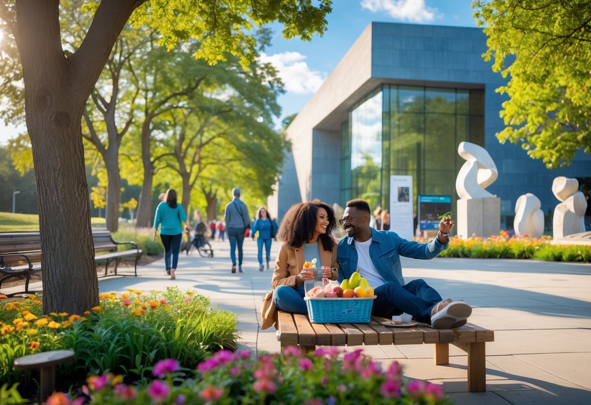 A couple enjoying a picnic on a bench near a modern museum surrounded by trees and flowers on a sunny afternoon.