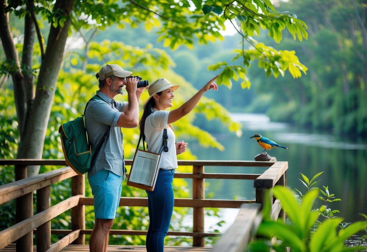 A couple on a guided bird-watching tour in a green forested area, observing birds with binoculars and a guide pointing out wildlife.