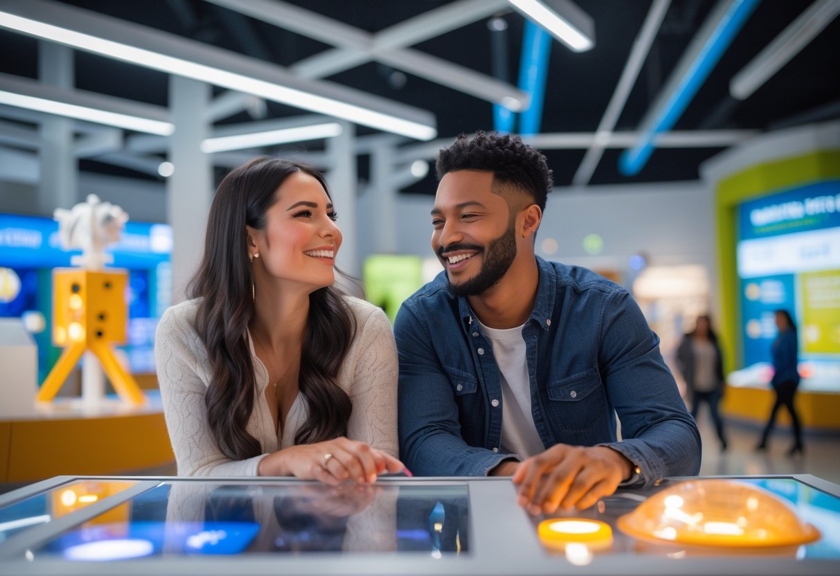 A couple enjoying a science exhibit together inside a museum, smiling and interacting with displays.