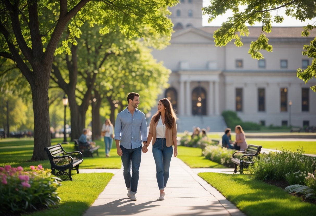 A young couple walking hand-in-hand on a tree-lined path near a museum on a sunny afternoon.