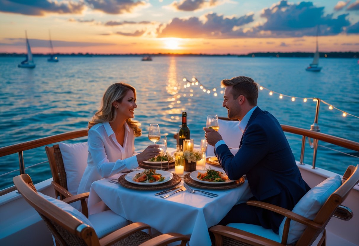A couple enjoying a romantic dinner on a boat cruising the Chesapeake Bay at sunset with calm waters and a colorful sky.