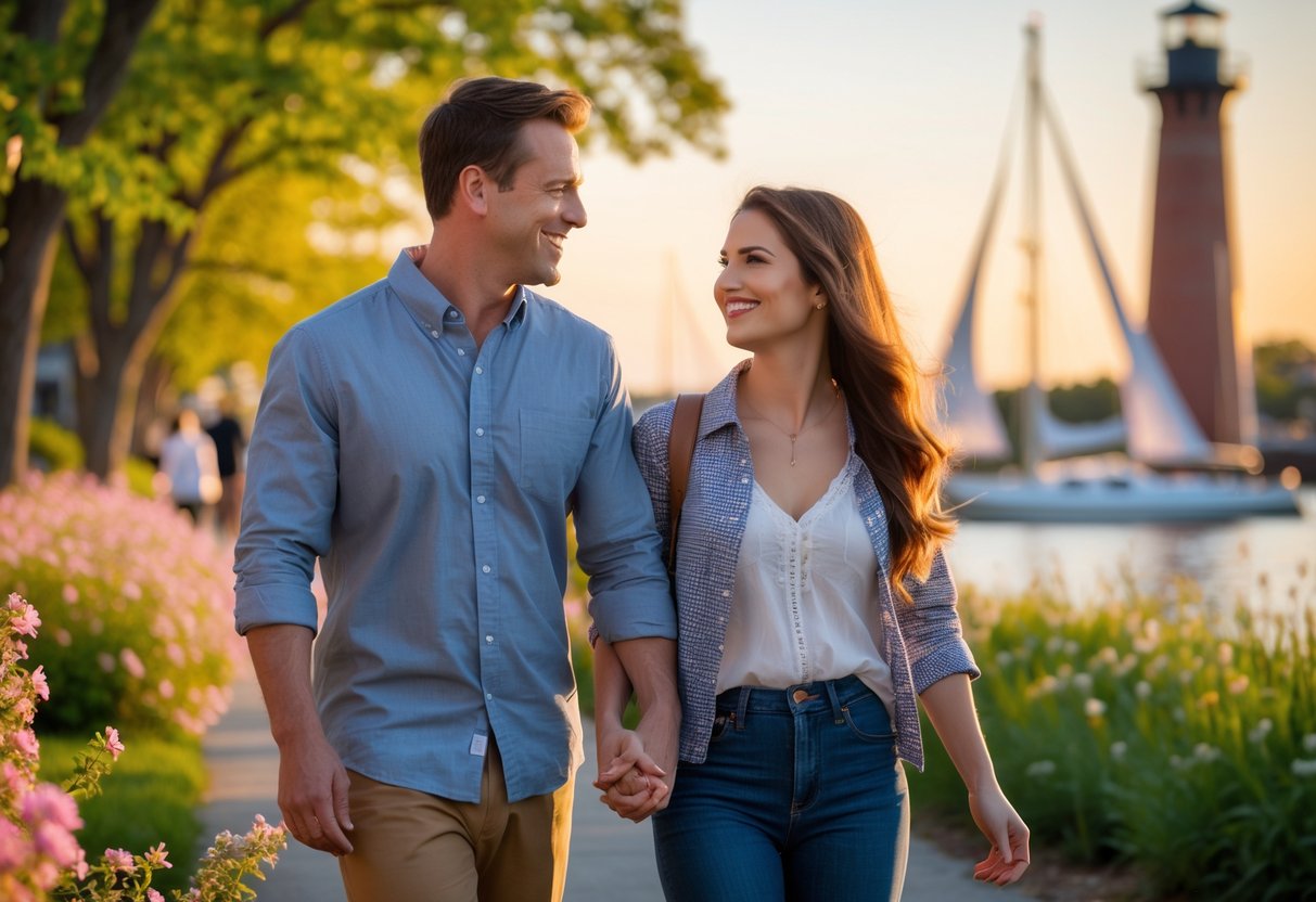 A couple walking hand in hand along a waterfront with sailboats and a lighthouse in the background.