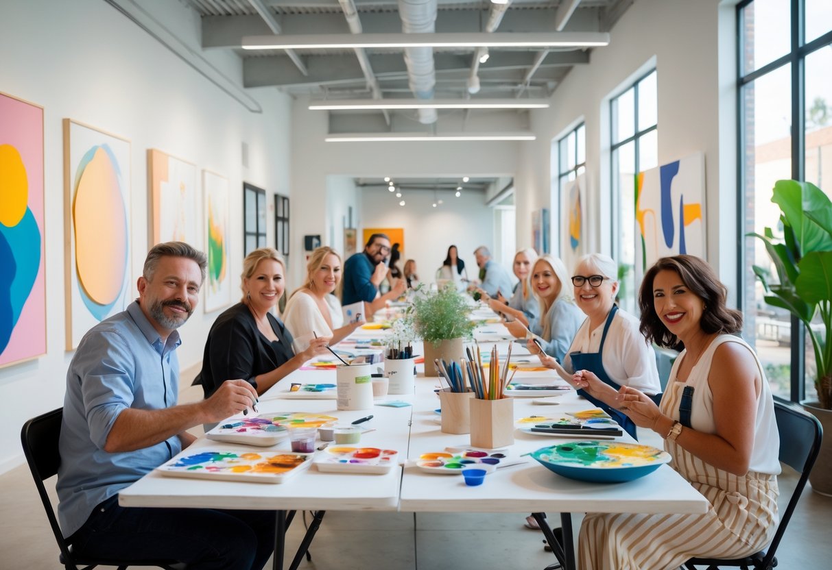 People participating in an art workshop at a gallery, painting and sketching together around tables with art supplies.