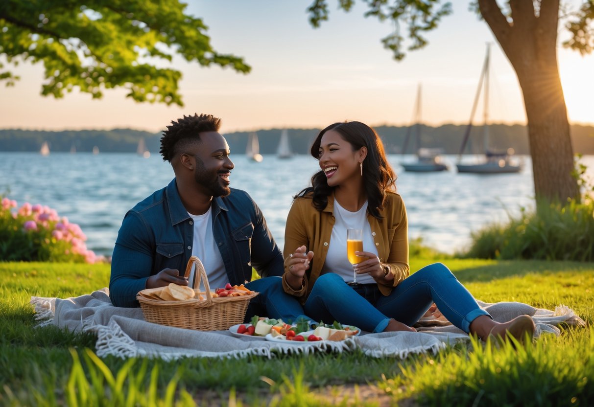 A couple enjoying a picnic together near a waterfront with trees and boats in the background.