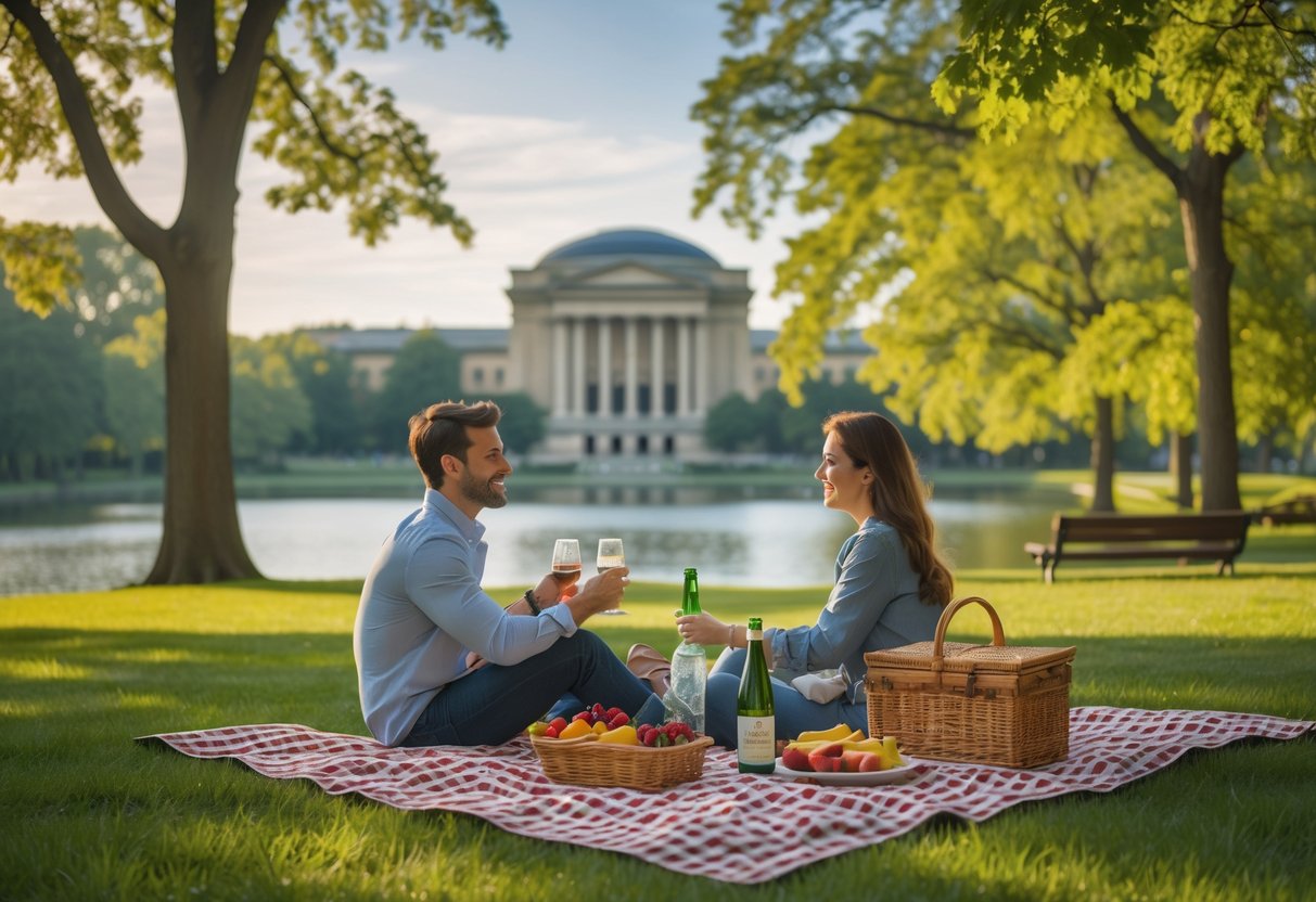 A couple having a picnic on a green lawn near a lake and a museum on a sunny afternoon.