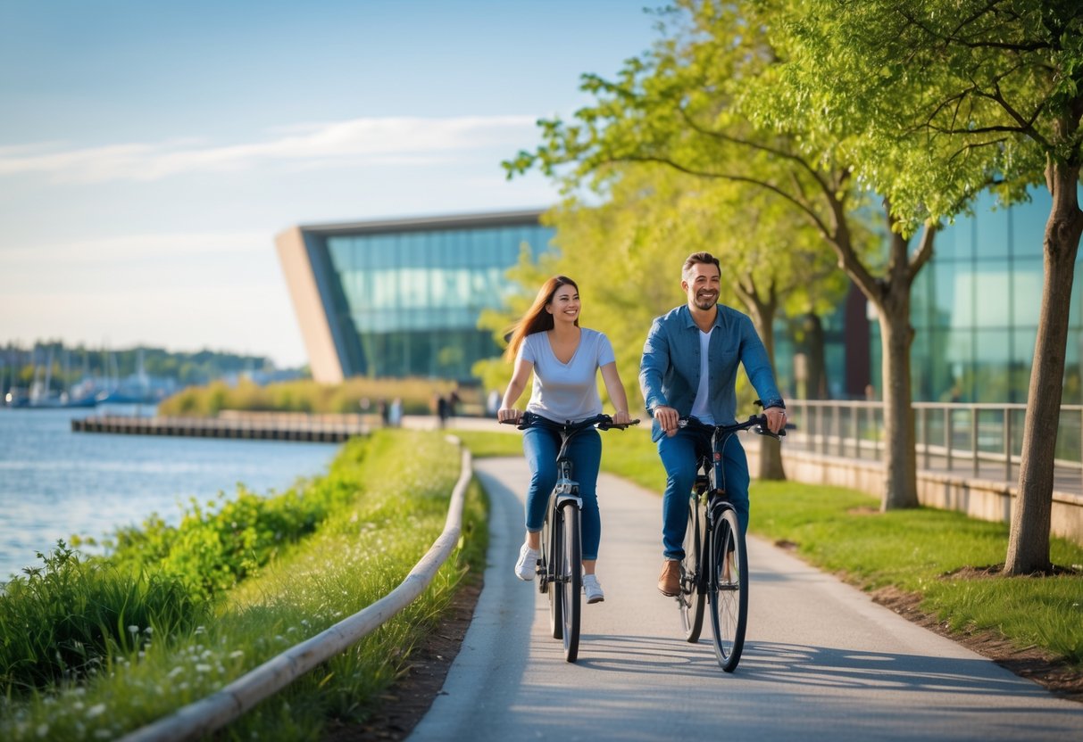 A couple biking on a paved trail by the waterfront near a museum on a sunny afternoon.
