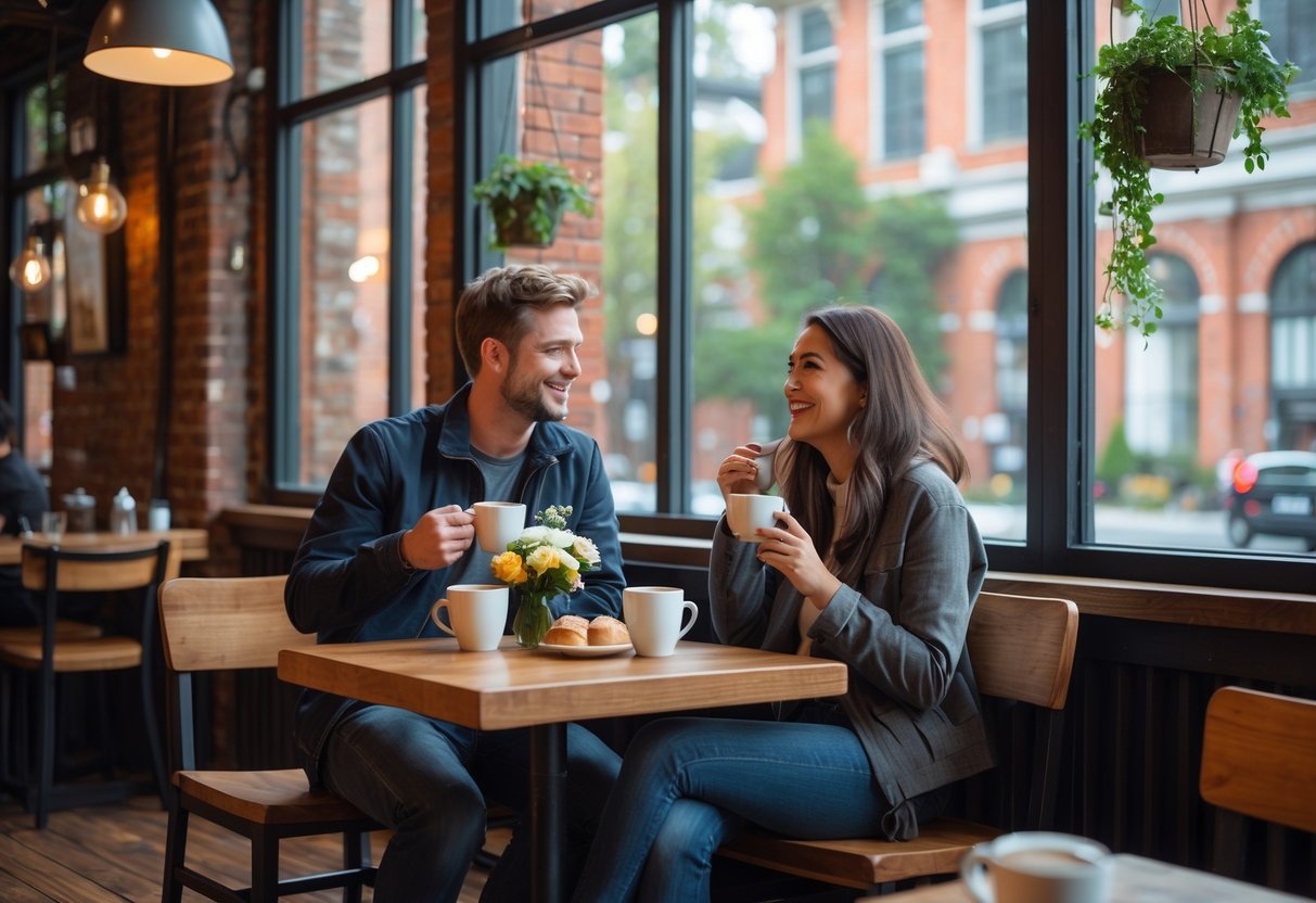 A young couple enjoying coffee together at a cozy cafe near a museum on a Sunday afternoon.