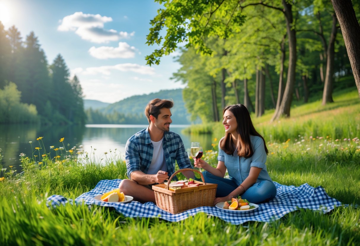 A young couple sitting on a picnic blanket near a lake surrounded by trees and hills, sharing food and enjoying nature.