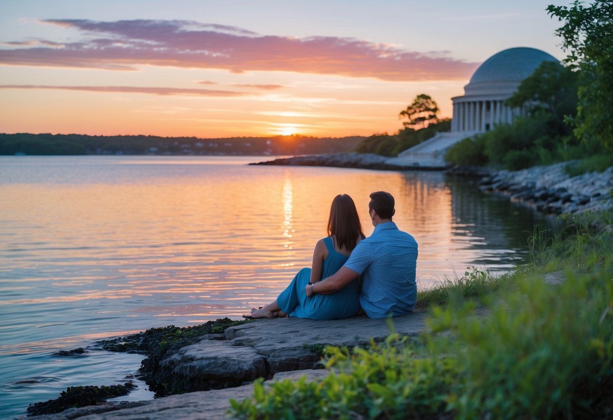 A couple sitting on rocks by the water, watching a colorful sunset with a museum in the background.