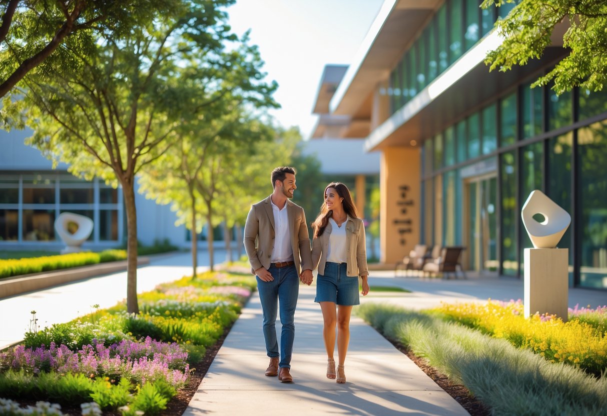 A couple walking hand-in-hand near the entrance of an art museum on a sunny afternoon surrounded by trees and flowers.