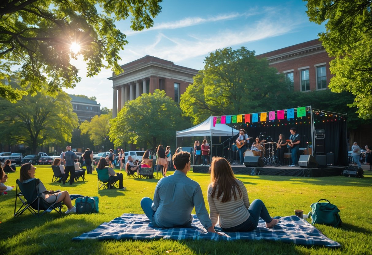 A couple sitting on a picnic blanket enjoying a free outdoor concert in a green park with musicians playing on a small stage and people relaxing around them.