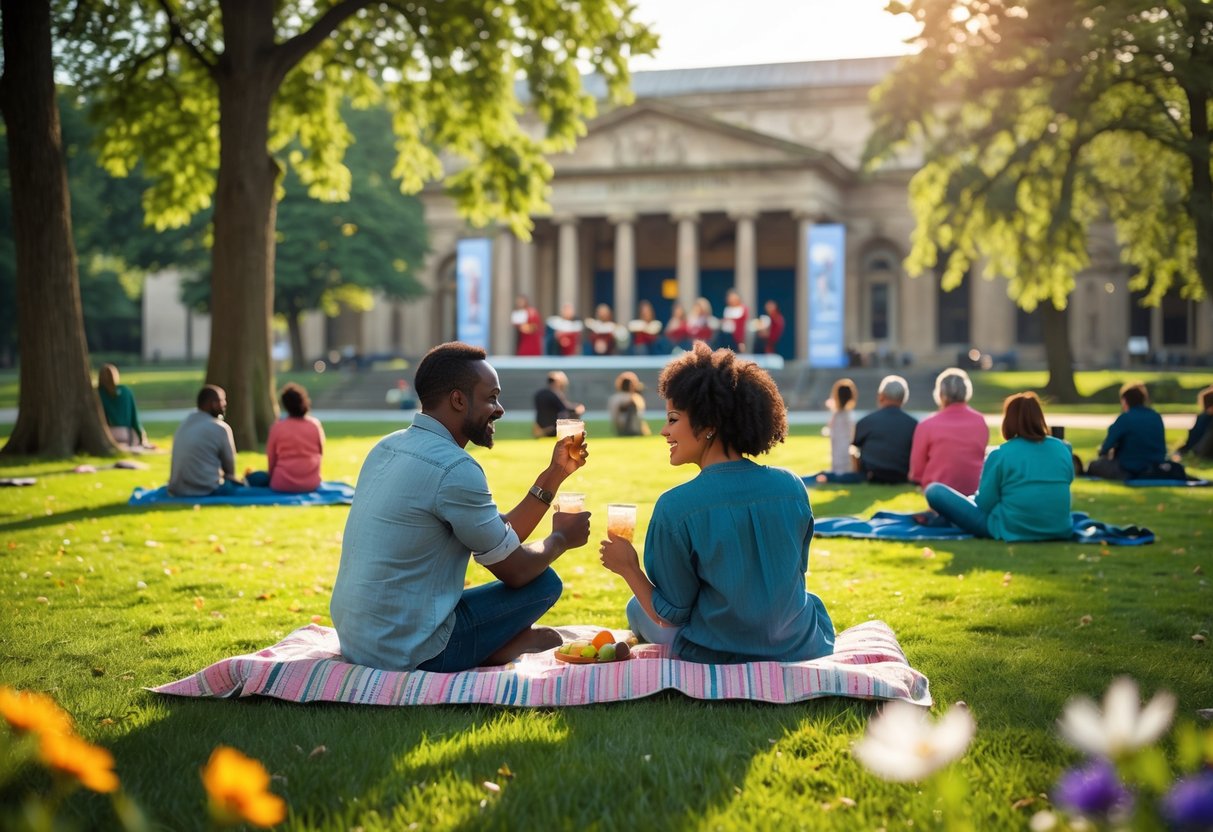 A couple sitting on a picnic blanket in a park watching an outdoor Shakespeare play near a museum on a sunny afternoon.