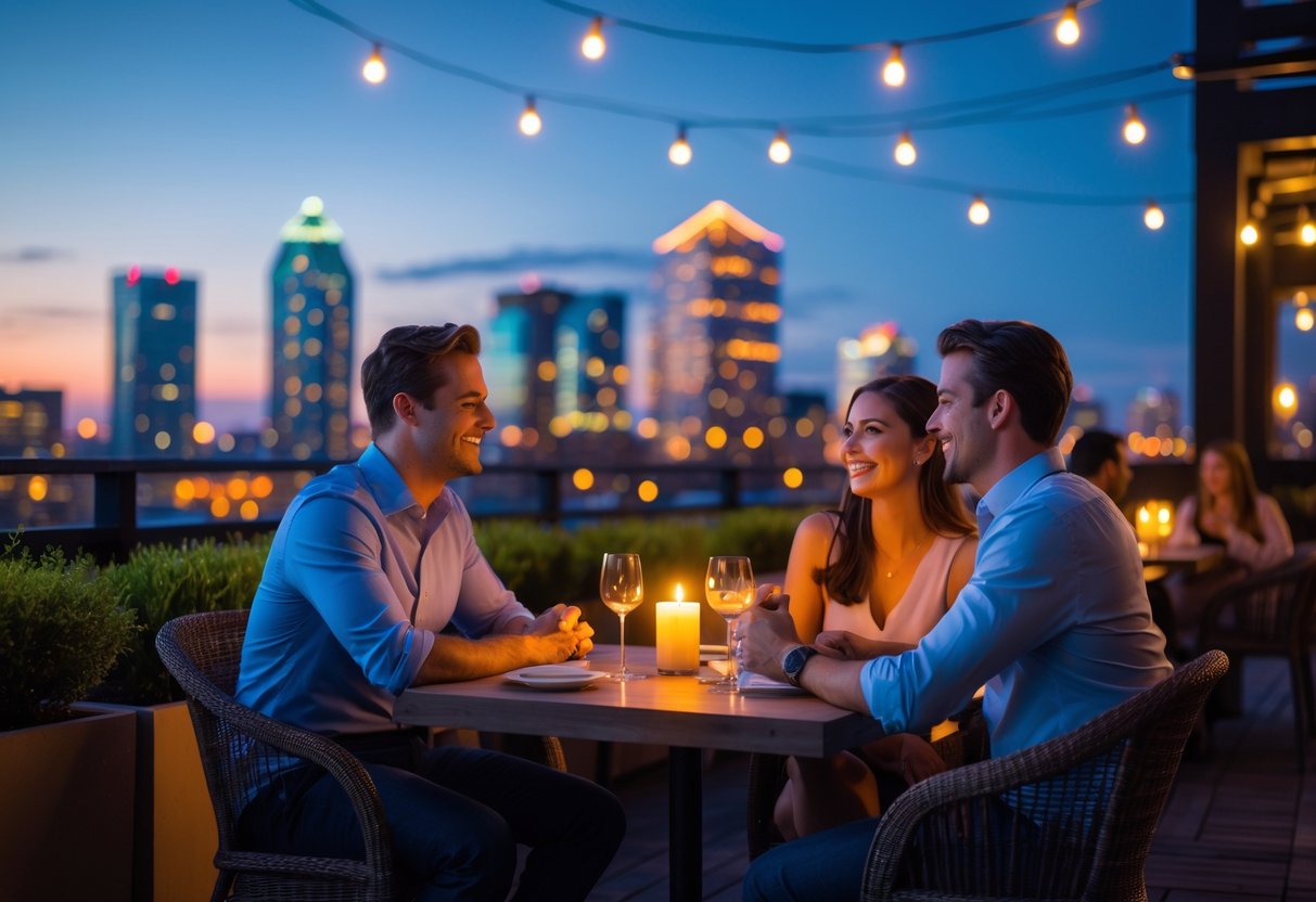 A couple enjoying a romantic dinner on a rooftop terrace with the Charlotte city skyline glowing in the background at night.