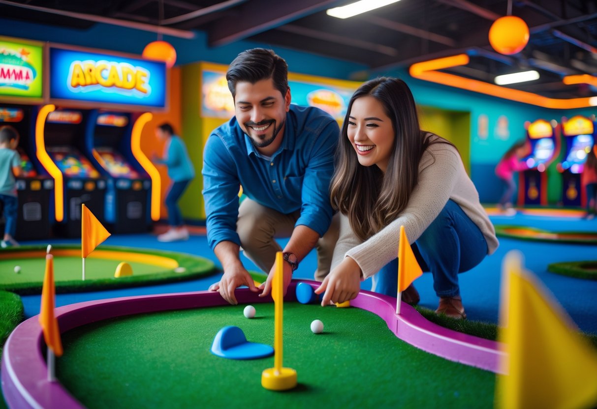 A couple playing mini-golf at a family fun center with arcade games and other visitors in the background.