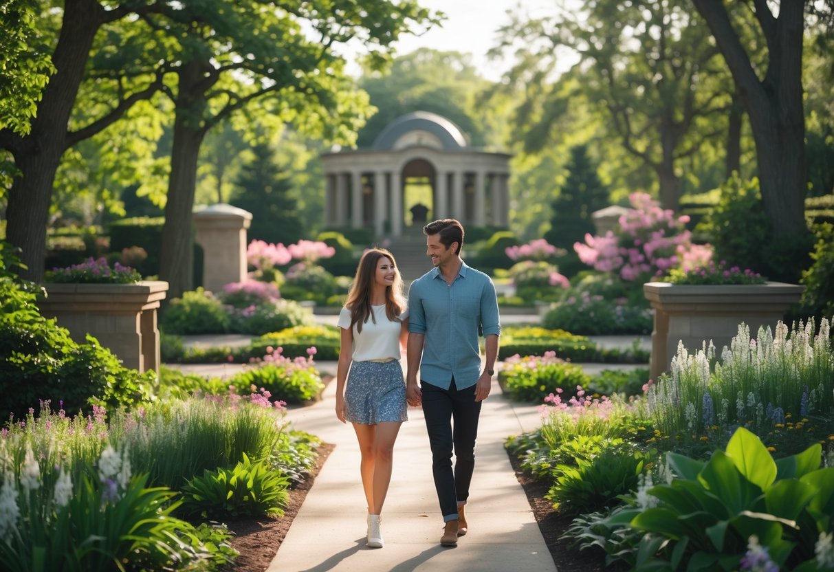 A young couple walking hand in hand along a garden path surrounded by trees and flowers in a botanical garden on a sunny afternoon.