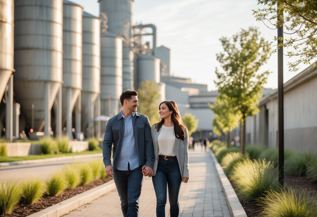 A young couple walking and talking near industrial silos and greenery on a sunny afternoon.