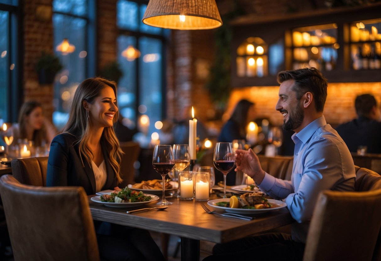 A couple enjoying a romantic dinner together at a warmly lit restaurant table with food and wine.