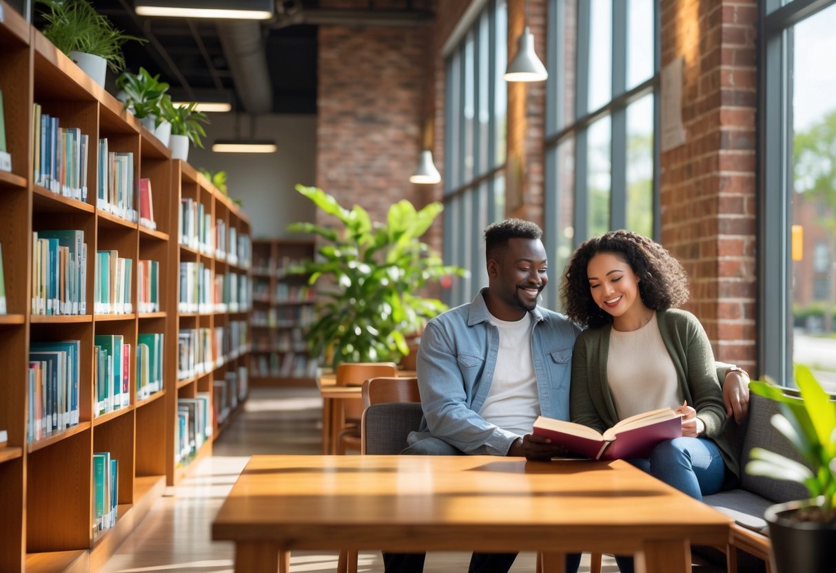 A young couple reading books together at a table inside a bright public library with bookshelves and plants around them.