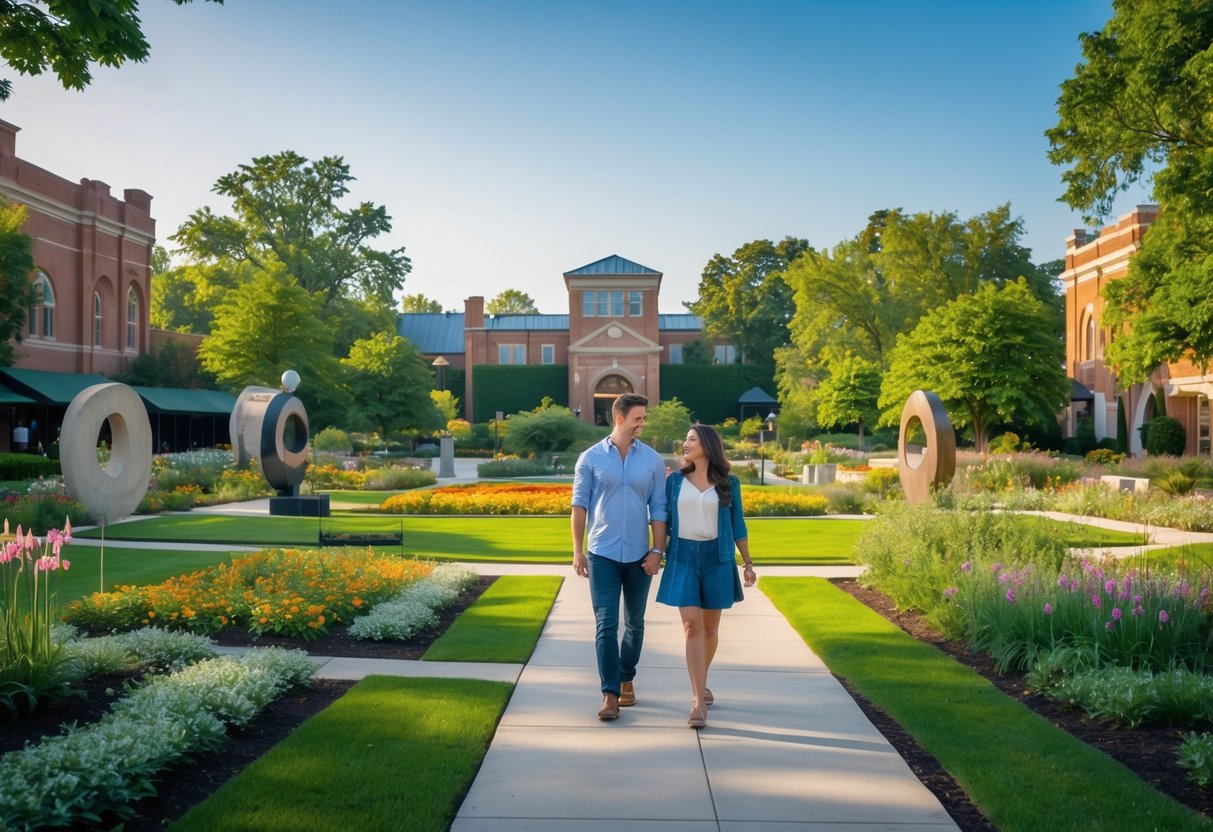 A couple walking hand-in-hand through gardens with flowers and historic buildings in the background.
