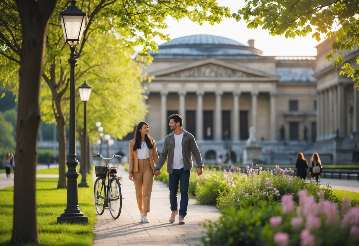 A young couple walking hand in hand on a tree-lined path near a large museum building on a sunny afternoon.