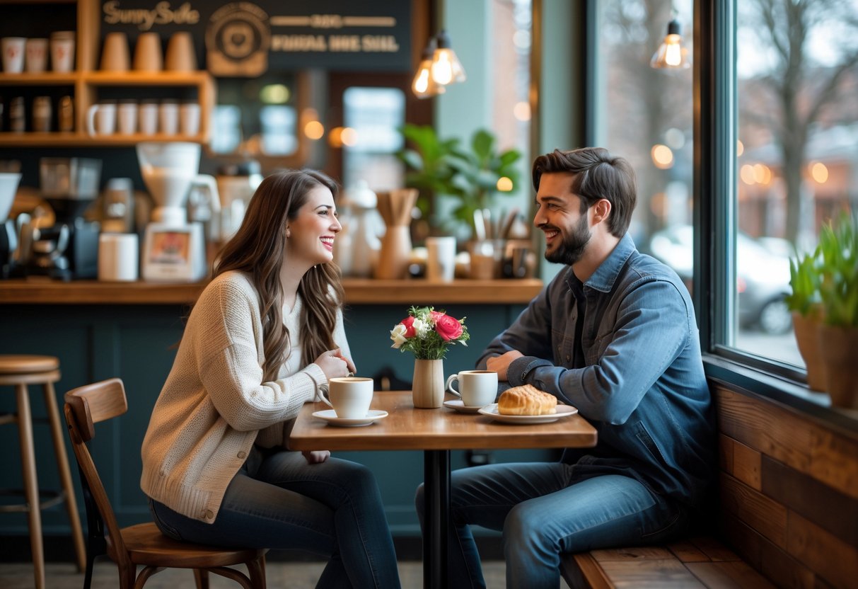 A young couple enjoying coffee together at a small table inside a cozy coffee shop.