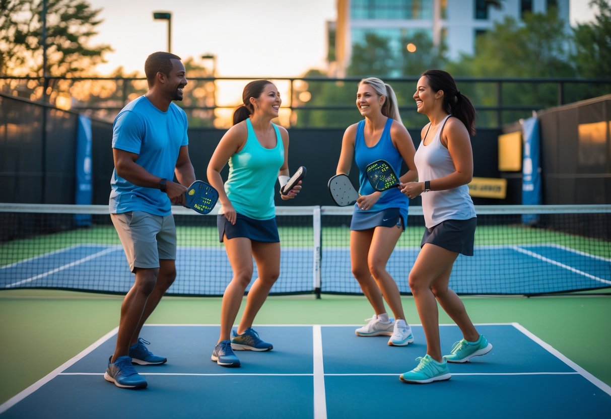 Four adults playing pickleball together on an outdoor court during early evening, enjoying a friendly double date.