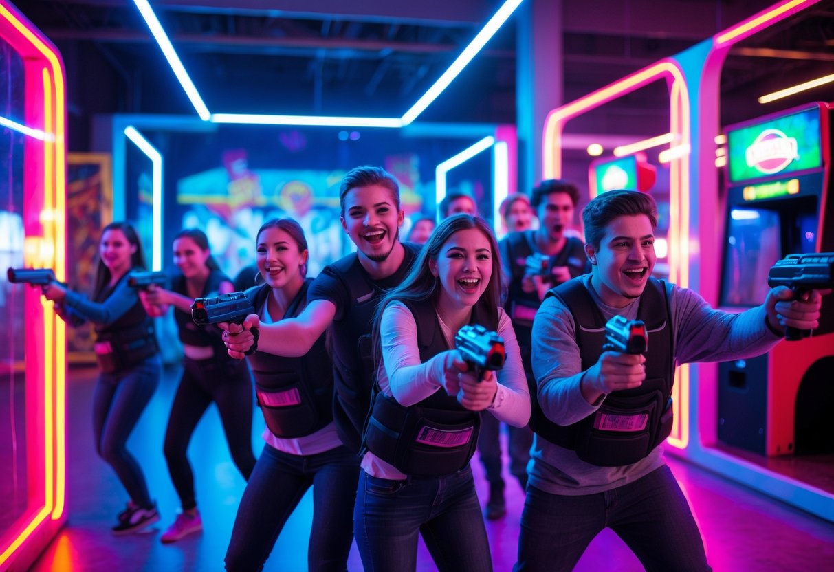 A group of young adults playing laser tag indoors at a family fun center, wearing vests and holding laser guns under colorful neon lights.