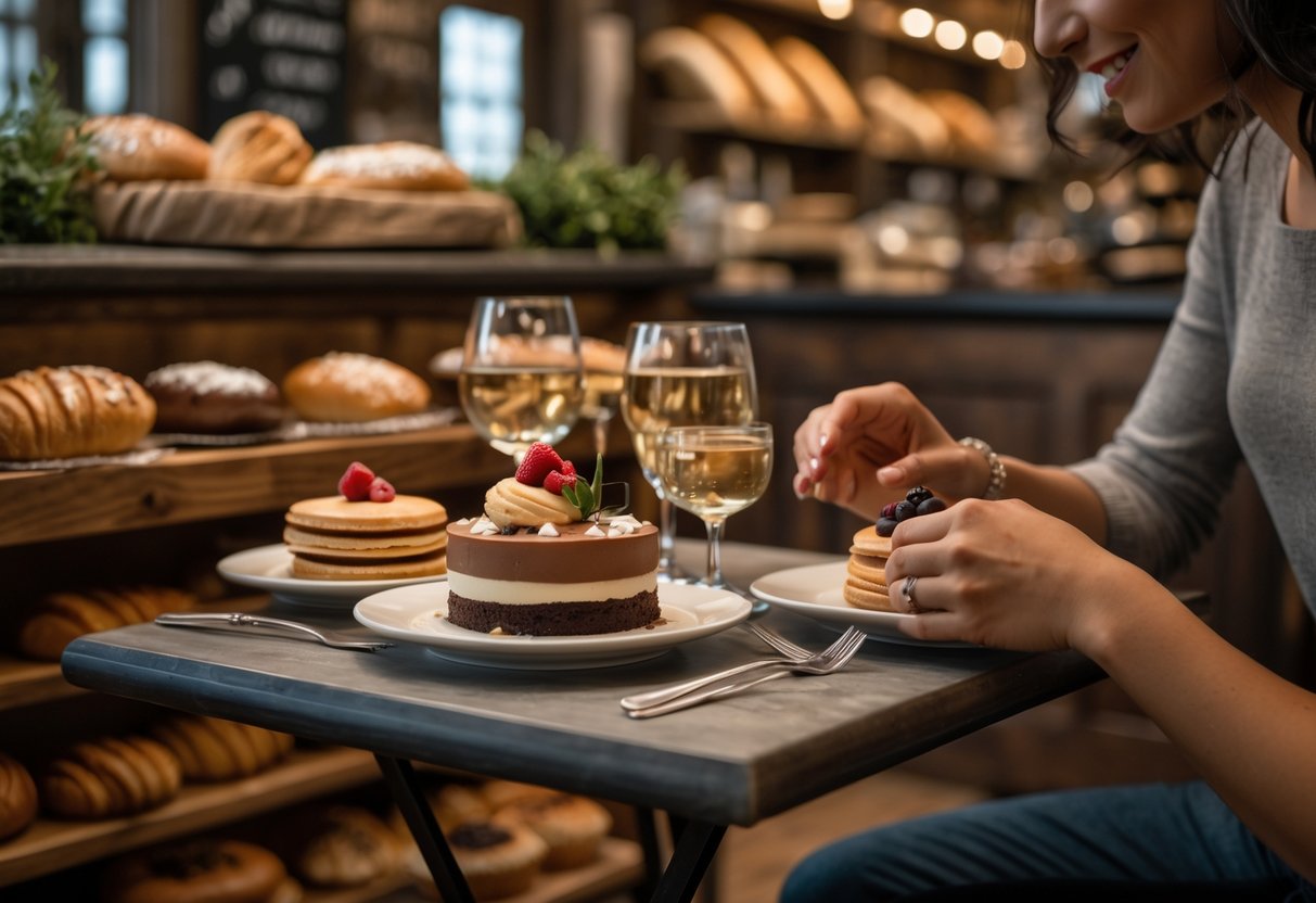 A small table with French desserts at a bakery, showing a couple reaching for pastries in a cozy setting.