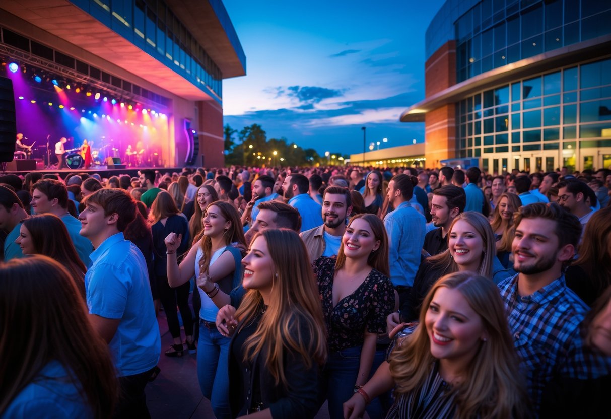 Couples and groups enjoying a live concert with colorful stage lights at a modern convention center.