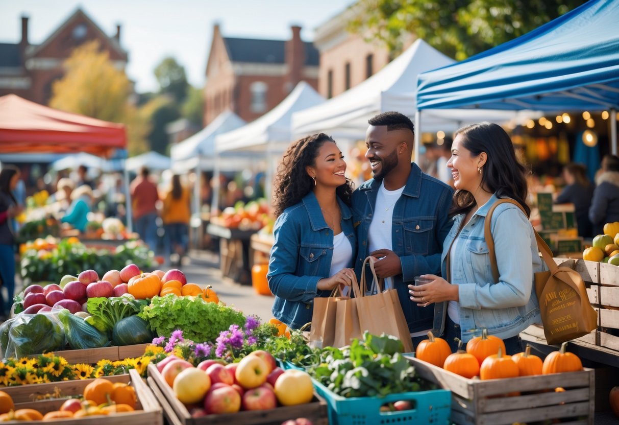A couple browsing fresh produce and flowers at an outdoor farmers market with vendors and shoppers around.