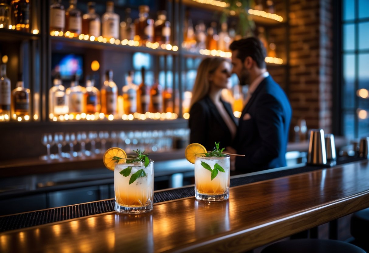 Two craft cocktails on a wooden bar counter with a couple talking in the background at a dimly lit cocktail bar.