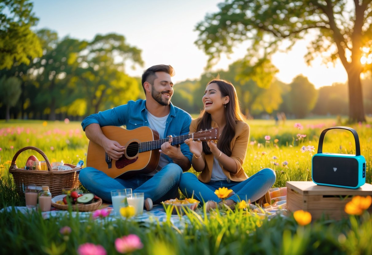A couple sitting on a picnic blanket in a park, one playing guitar while the other claps, surrounded by picnic items and greenery.