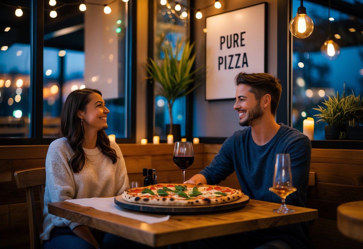 A young couple enjoying pizza and wine together at a cozy table in a modern pizzeria during the evening.
