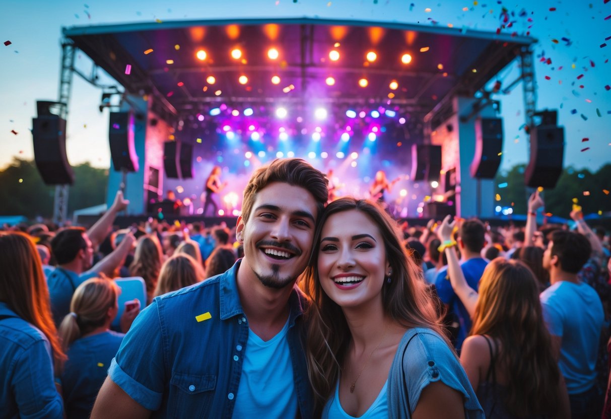 A young couple enjoying a live outdoor concert with a band performing on stage and a crowd of people around them.