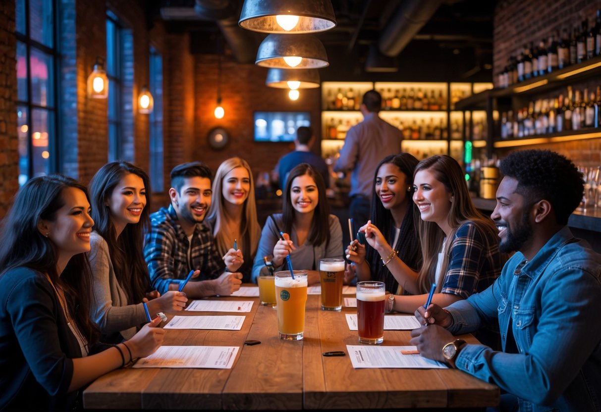 A group of young adults enjoying a trivia night at a stylish bar, sitting around a table with drinks and answer sheets, engaged in conversation and smiling.
