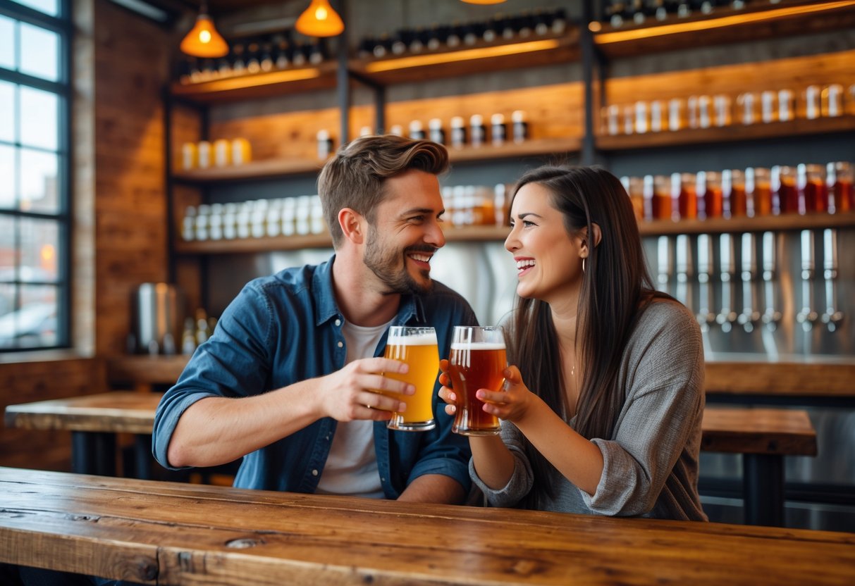 A young couple smiling and clinking glasses of craft beer inside a warm and cozy brewery.