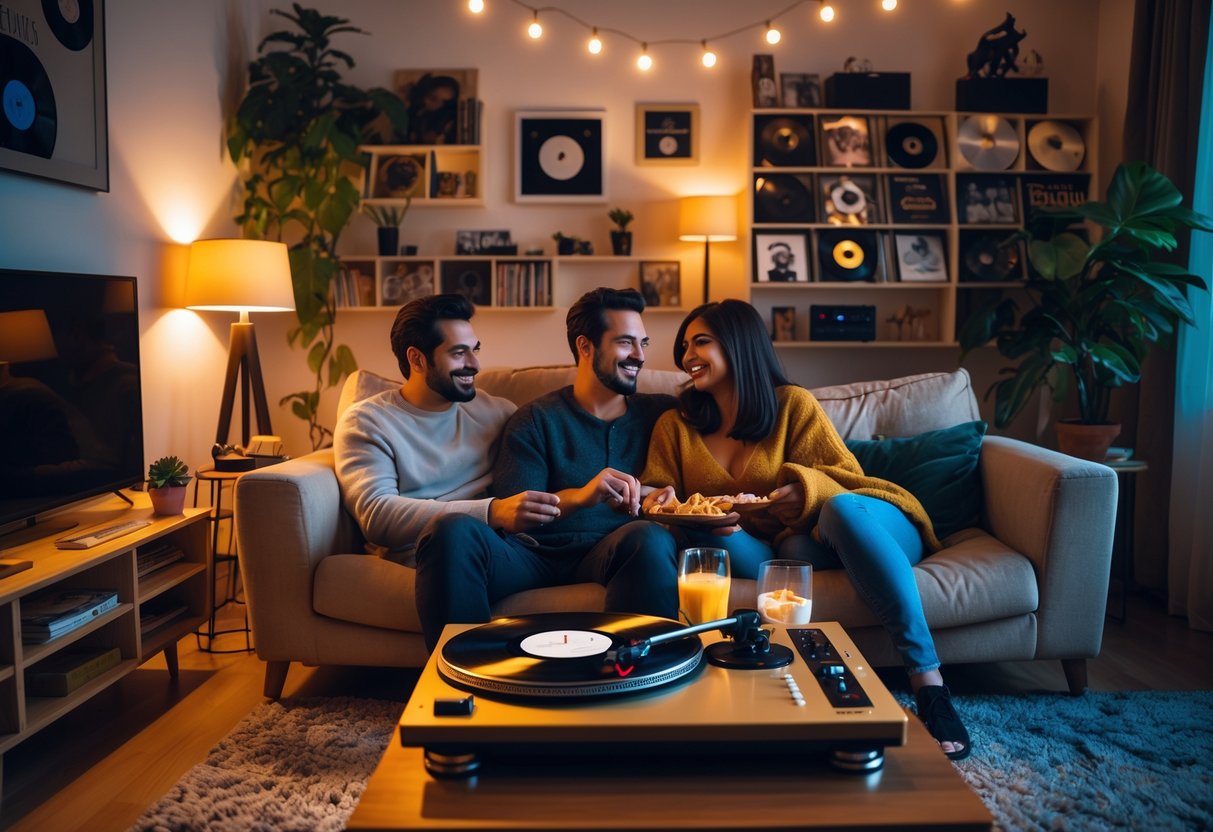 A couple sitting on a sofa in a living room enjoying music from a vinyl record player surrounded by snacks and records.