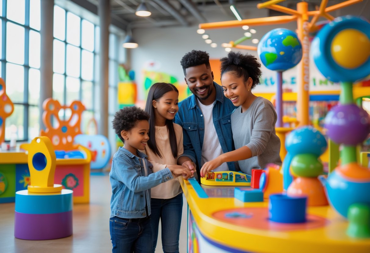 A family enjoying interactive exhibits together inside a children's museum.