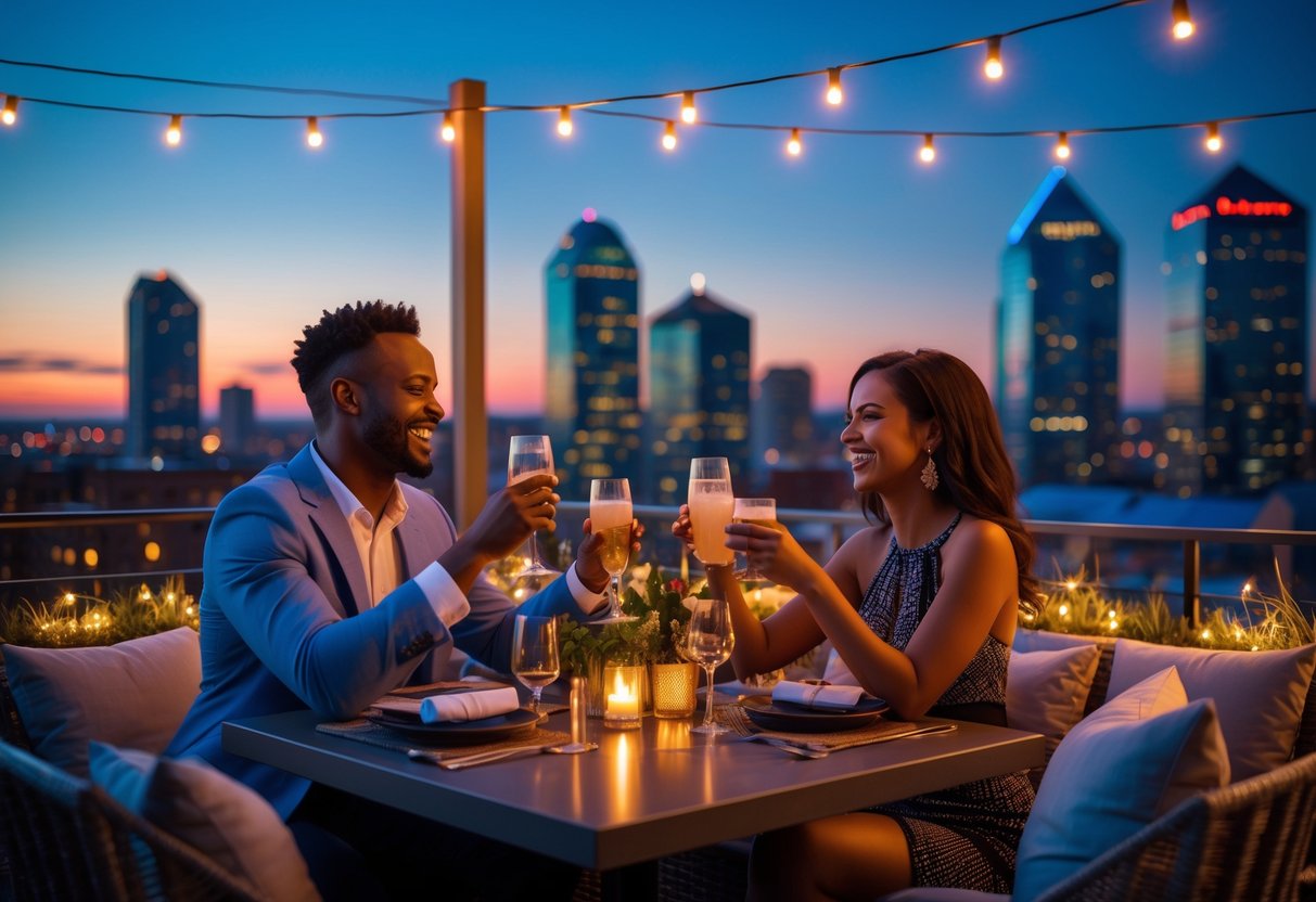 A couple enjoying a romantic dinner at a rooftop restaurant with the Charlotte city skyline in the background at dusk.