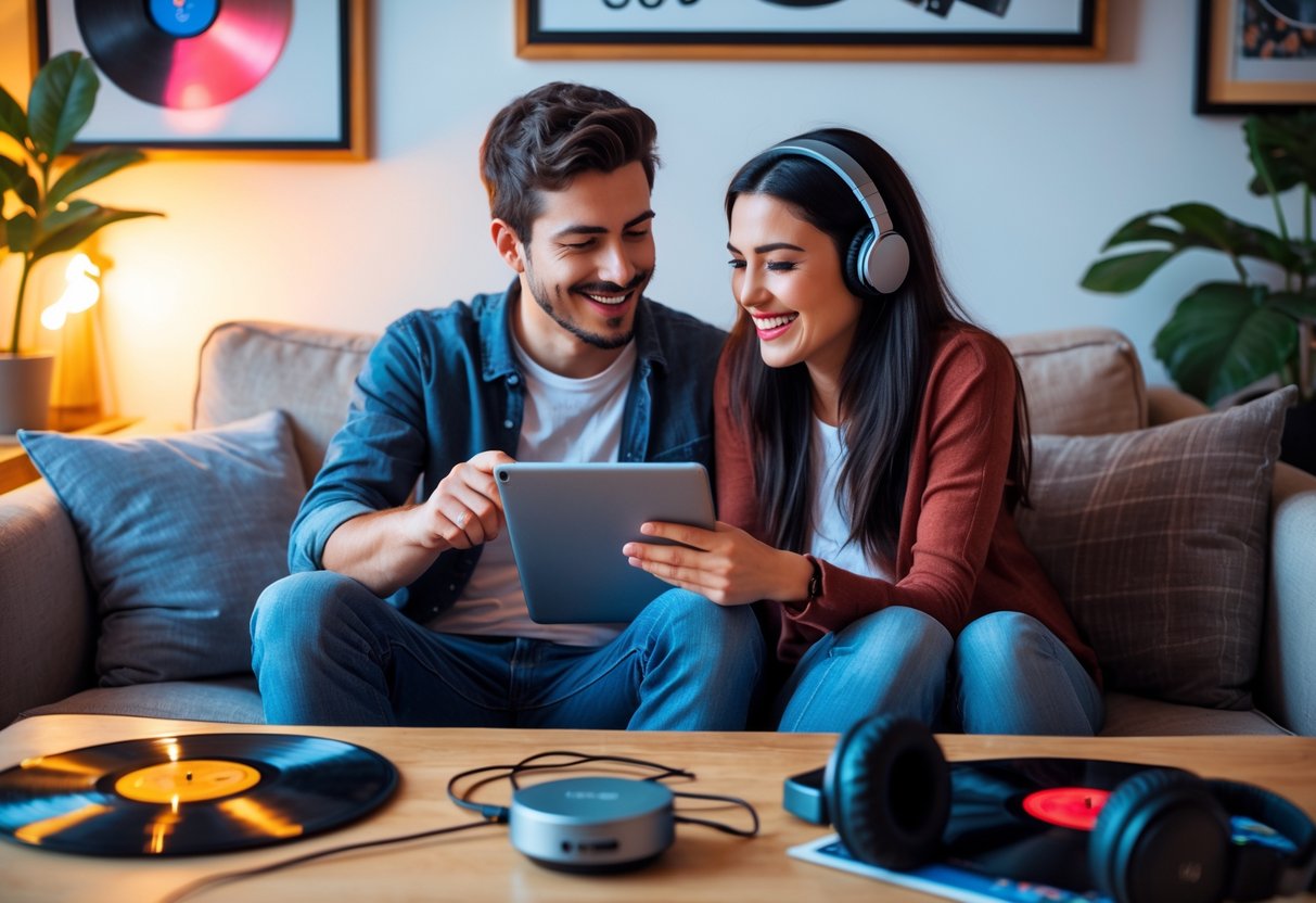 A young couple sitting on a sofa smiling and creating a music playlist together using a tablet.